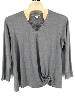 Boutique Plus 3X Tunic Top Front Twist Criss Cross V Neck Black White Stripe